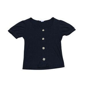 Black Ribbed Knit Short Puff Sleeve Crop Trop Shirt Button Up Women Medium Chic